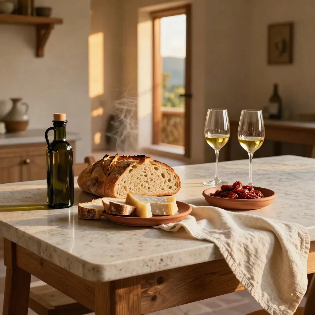 Tavolo rustico con pane, olio, pecorino, pomodori secchi e calici al tramonto