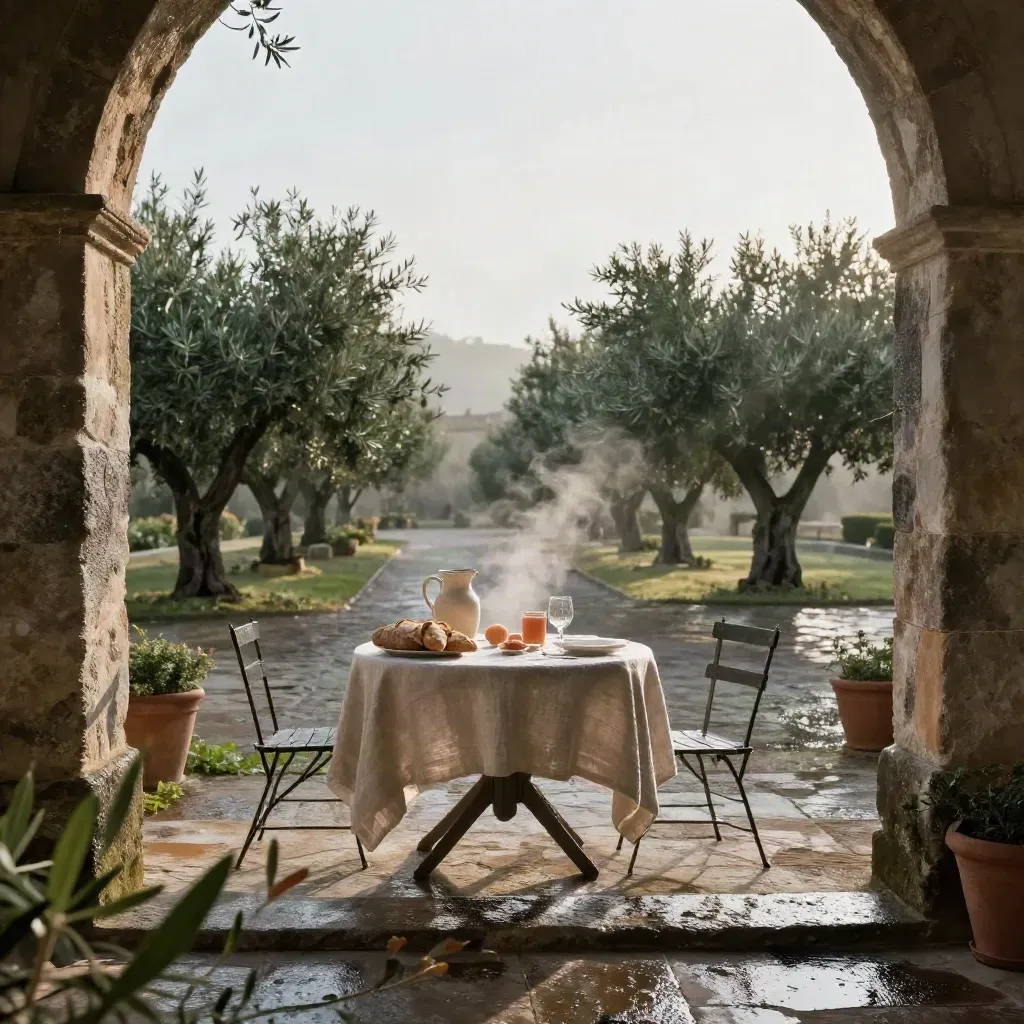 Corte toscana bagnata al tramonto con colazione rustica, vapore e ulivi sfocati