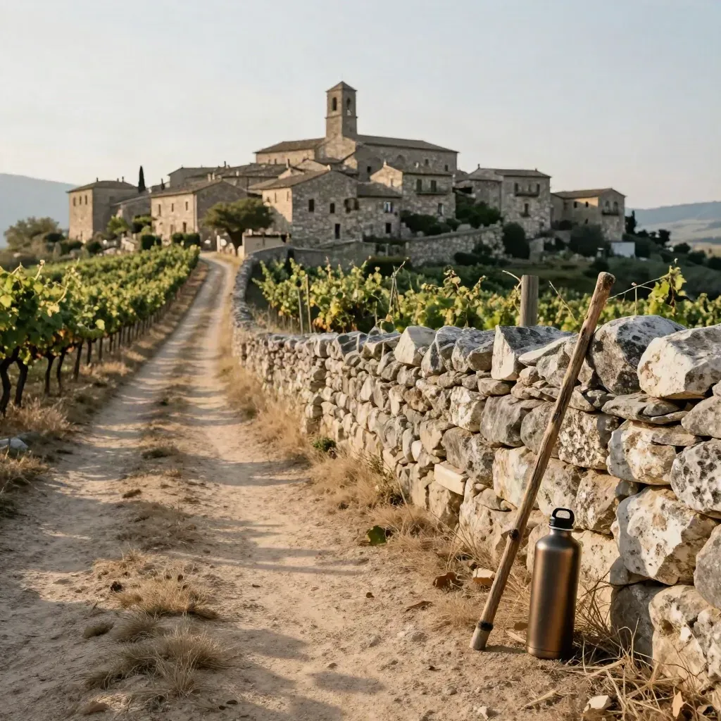 Sentiero di campagna in salita verso un borgo di pietra, con bastone e borraccia tra i filari.