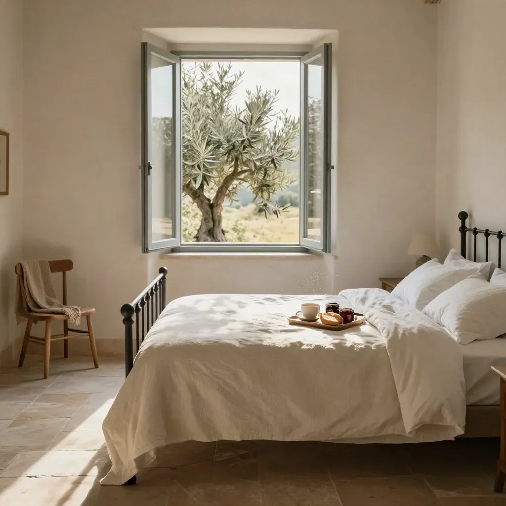 Camera rurale con letto in ferro, finestra sugli ulivi e vassoio colazione in luce calda