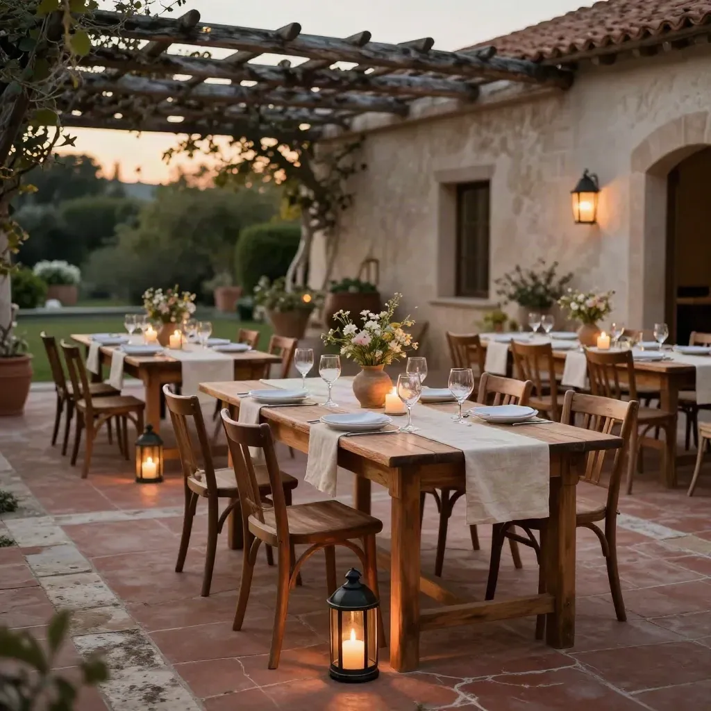 Corte rustica pronta per una cena con tavoli lunghi, sedie in legno e candele al tramonto.
