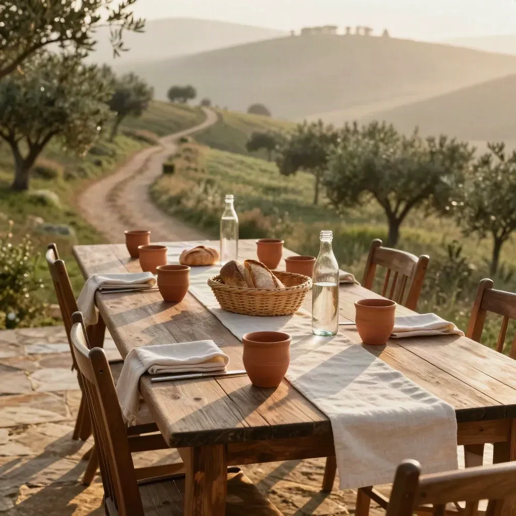 Pranzo rustico in collina con tazze in terracotta, pane e sentiero tra i campi