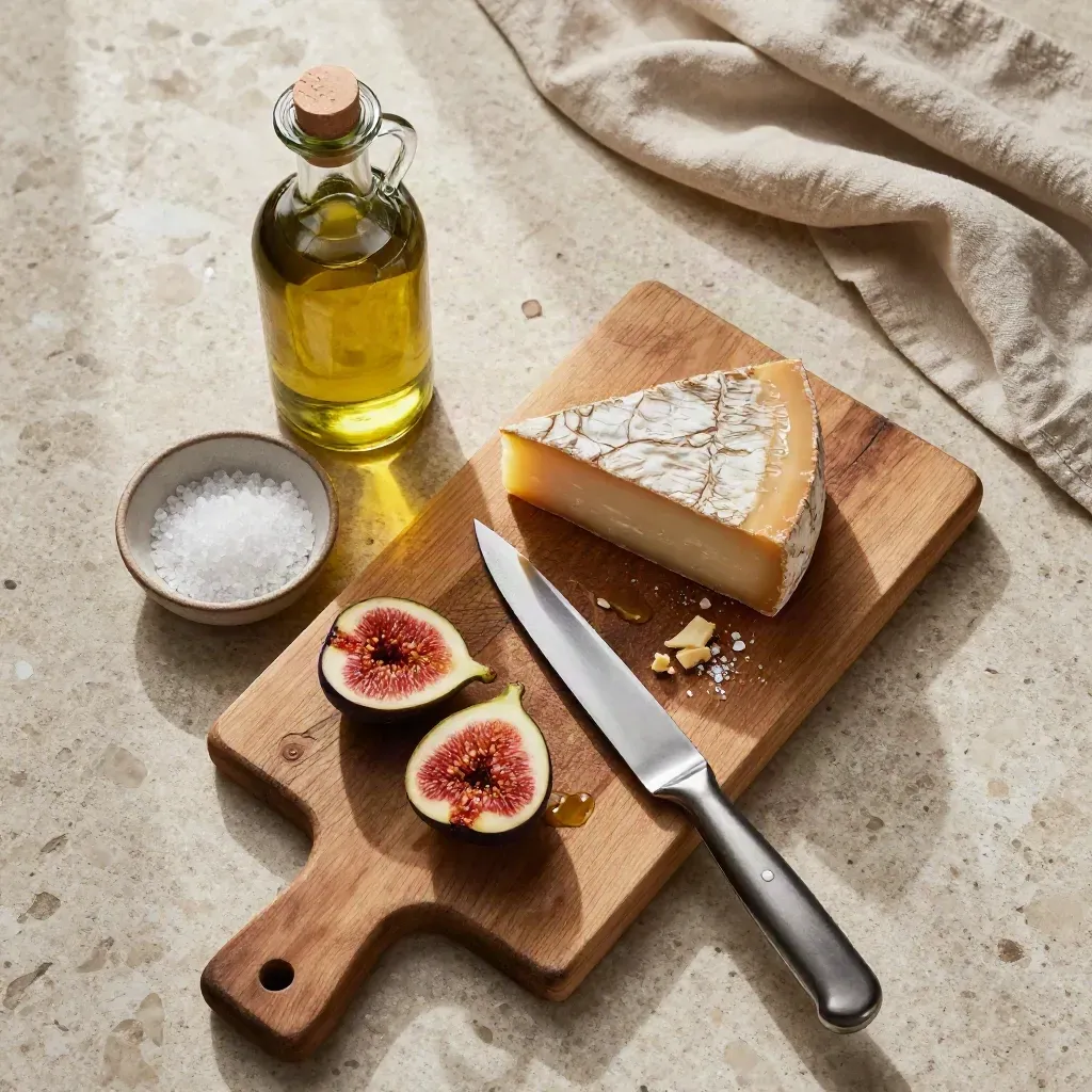 Tagliere di degustazione con formaggio, fichi, olio e sale su tavola rustica