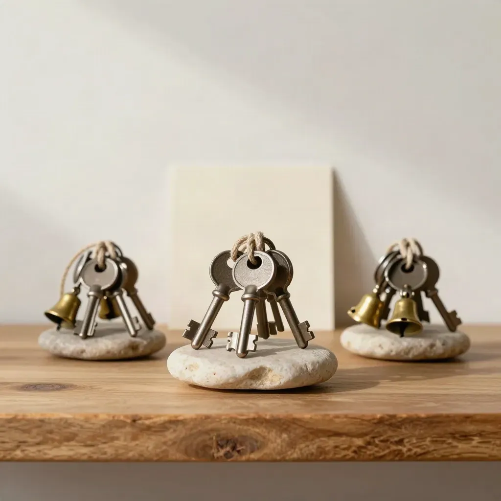 Tre gruppi di chiavi con campanelli su ripiano in legno, luce morbida e pietra levigata.