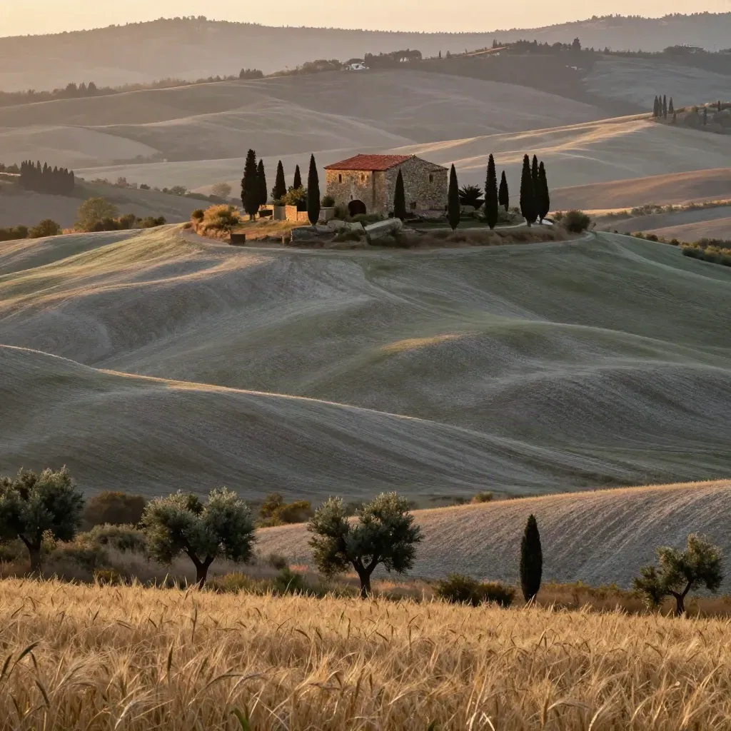 Colline toscane all’ora d’oro con casale in pietra e cipressi sulla cresta.