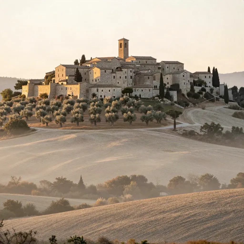 Borgo umbro in collina con uliveti pallidi e valle morbida in luce calda