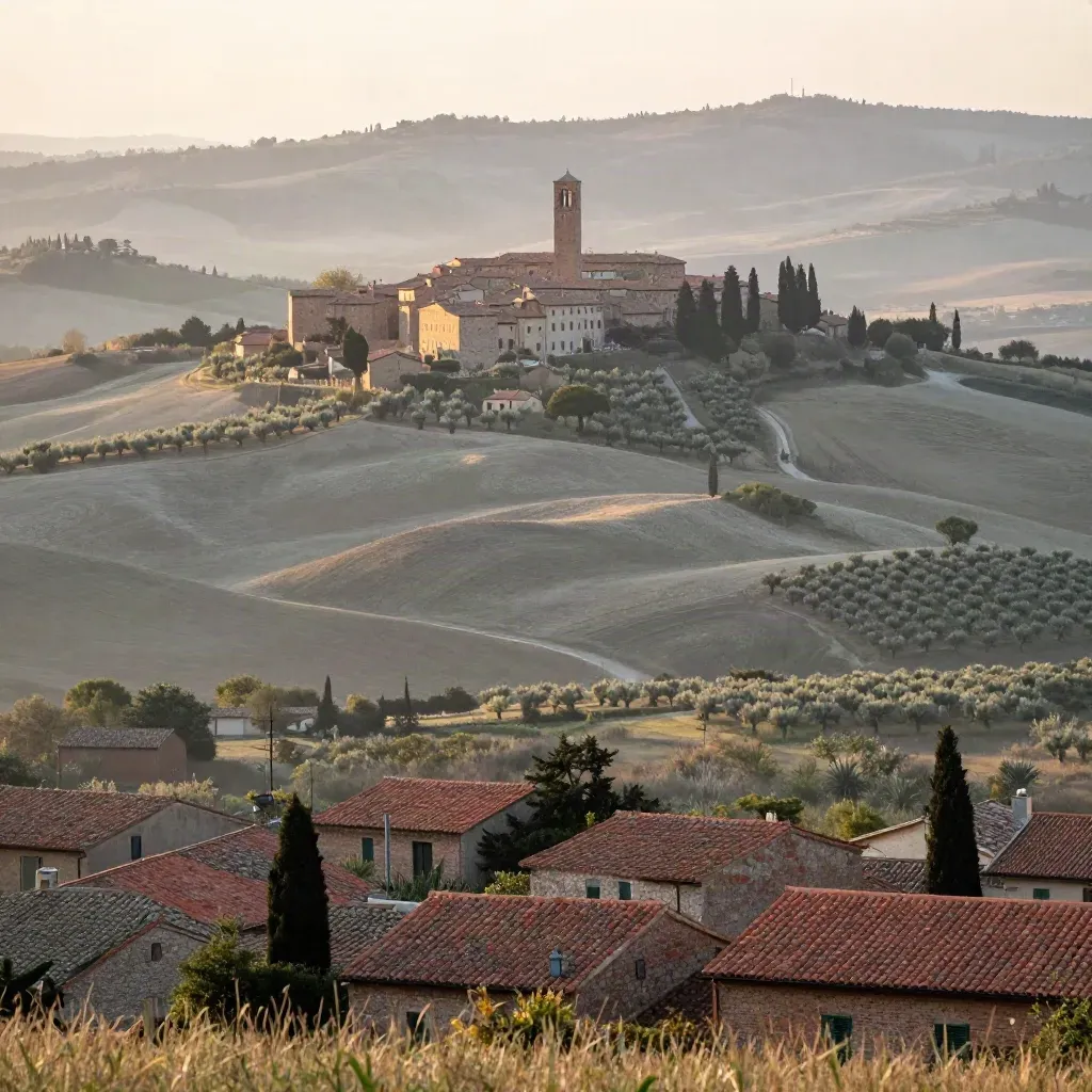 Colline marchigiane al tramonto con borghi in laterizio e campanile tra campi e foschia.